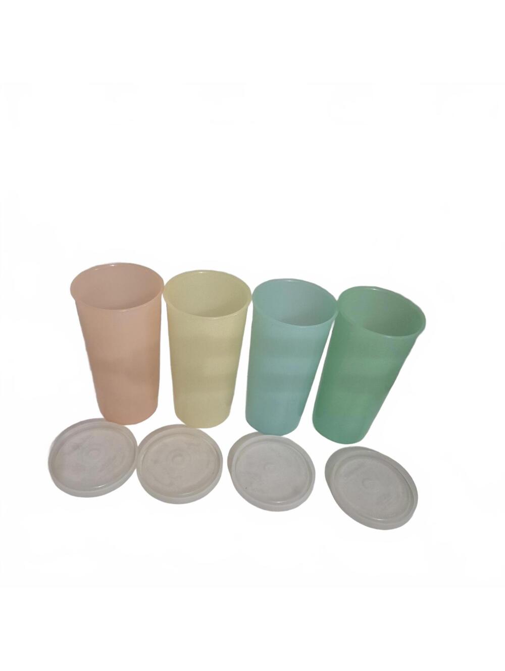 Tupperware Pastel Tumblers Set of 4 with Lids: Pink Yellow Blue Green / Vintage